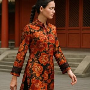 VTG CHICO'S SILK ASIAN INSPIRED TUNIC W MANDARIN COLLAR VELVET & BEADED CUFF M
